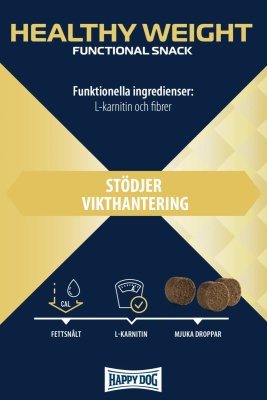Zoom bild av hundgodis hundsnacks belöningsgodis kosttillskott övervikt viktnedgång diet light hund care happy dog healthy weight vikthanteri
