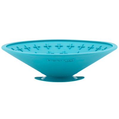 Zoom bild av lickimat splash grön ljusblå orange naturgummi slickmatta slickplatta aktivering slow feeder