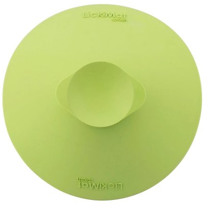 Zoom bild av lickimat splash grön ljusblå orange naturgummi slickmatta slickplatta aktivering slow feeder