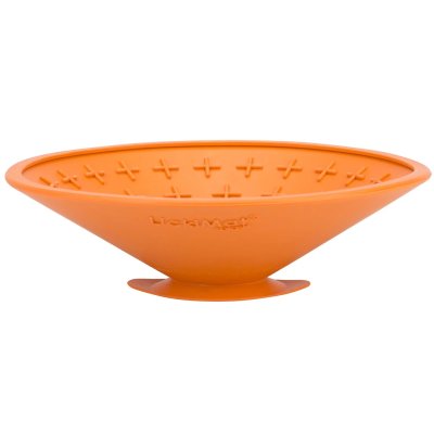 Zoom bild av lickimat splash grön ljusblå orange naturgummi slickmatta slickplatta aktivering slow feeder