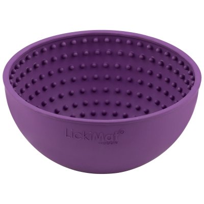 Zoom bild av lickimat wobble hundmatskål slow feeder slowfood aktiveringsmatskål piggar naturgummi veterinär giftfri ljusblå lila grön hund k