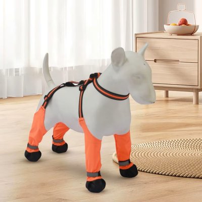 Zoom bild av Hundskor med hängslen, reflexer, två färger neongrön neonorange regnskor höga skor hund hundskor hängselskor med remmar