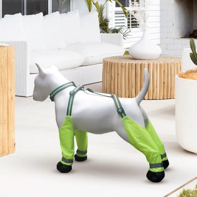 Zoom bild av Hundskor med hängslen, reflexer, två färger neongrön neonorange regnskor höga skor hund hundskor hängselskor med remmar