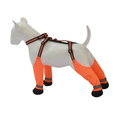 Zoom bild av Hundskor med hängslen, reflexer, två färger neongrön neonorange regnskor höga skor hund hundskor hängselskor med remmar