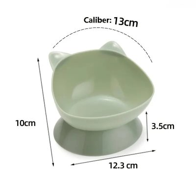 Zoom bild av kattmatskål katthuvud vinklad vattenskål matskål plast delningsbar hög fot grön