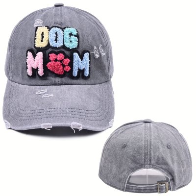 Zoom bild av keps sommarkeps hundmamma hundförälder pälskling dog mom solkeps sliten tvättad design hundkeps färgglad hund tre färger