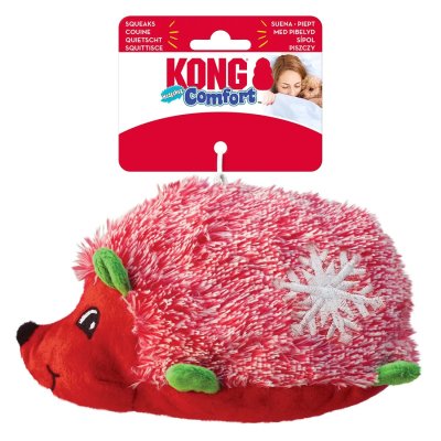 Zoom bild av kong holiday comfort hedgehug medium hundleksak igelkott röd julig julleksak snöstjärna vinter prassel pip rolig leksak hund