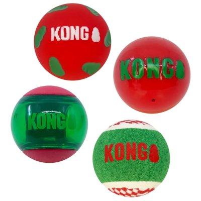 Zoom bild av kong holiday occasions ball 4-pack tennisboll hundboll leksak hundleksak boll olika varianter julboll hund 4 olika