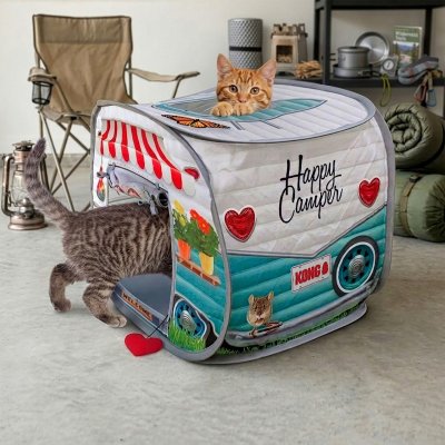 Zoom bild av KONG Play Spaces Happy Camper kattunnel kattält camping popup tält kattleksak vit turkos husbil för katt leksak