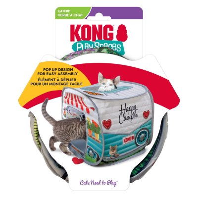 Zoom bild av KONG Play Spaces Happy Camper kattunnel kattält camping popup tält kattleksak vit turkos husbil för katt leksak