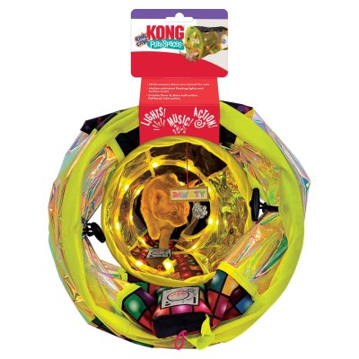 Zoom bild av KONG Play Spaces Rave Cave kattunnel multisensorisk musik lampor rejv kattleksak gul tunnel lek katt