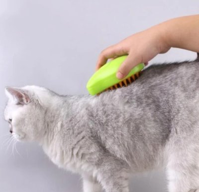 Zoom bild av kattborste ångborste massageborste ånga katthår borsta katt hund silikon skonsam pälsvård grön orange