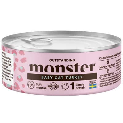 Zoom bild av monster cat baby cat kitten kattunge foder kattfoder kattmat kalkon turkey kattungemat mousse blötmat burk