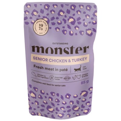 Zoom bild av kattmat kattfoder blötmat våtmat våtfoder katt mjukmat kött monster spannmålsfritt seniorkatter