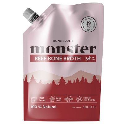 Zoom bild av monster dog bone broth beef nötkött ben av nöt benbuljong kollagen buljong nötbuljong hund tillskott vitamin nyttigt smakligt br