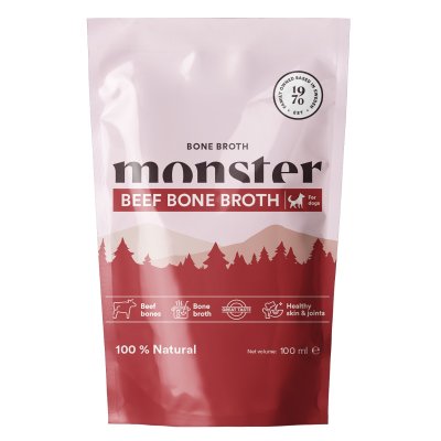 Zoom bild av monster dog bone broth beef nötkött ben av nöt benbuljong kollagen buljong nötbuljong hund tillskott vitamin nyttigt smakligt br