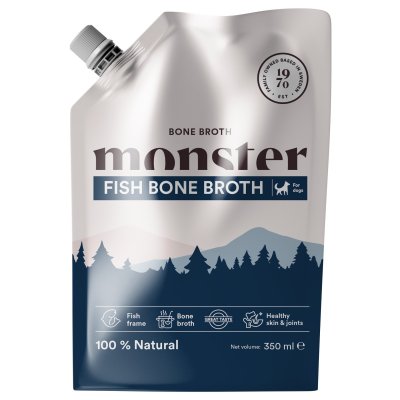 Zoom bild av monster dog bone broth fish fisk fiskskrov lax benbuljong kollagen buljong fiskbuljong hund tillskott vitamin nyttigt smakligt b