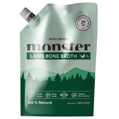 Zoom bild av monster dog bone broth lamb lamm lammbuljong benbuljong kollagen buljong hund tillskott vitamin nyttigt smakligt bra för hud päl