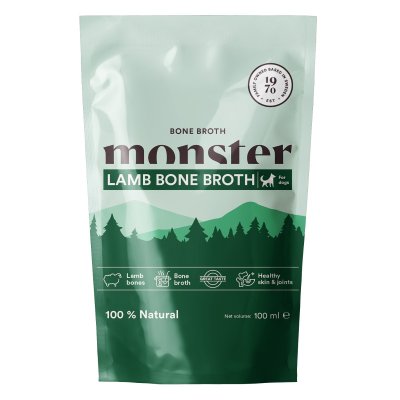 Zoom bild av monster dog bone broth lamb lamm lammbuljong benbuljong kollagen buljong hund tillskott vitamin nyttigt smakligt bra för hud päl