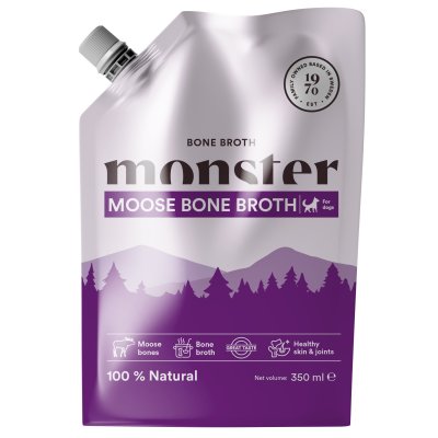 Zoom bild av monster dog bone broth moose älg älgbuljong benbuljong kollagen buljong hund tillskott vitamin nyttigt smakligt bra för hud päls