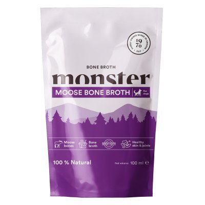 Zoom bild av monster dog bone broth moose älg älgbuljong benbuljong kollagen buljong hund tillskott vitamin nyttigt smakligt bra för hud päls