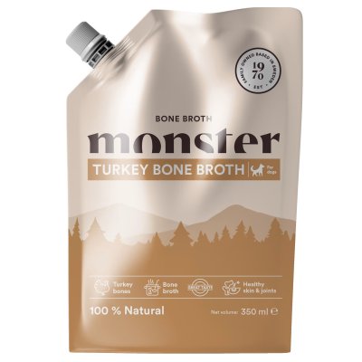 Zoom bild av monster dog bone broth turkey kalkon kalkonbuljong benbuljong kollagen buljong hund tillskott vitamin nyttigt smakligt bra för h