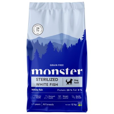 Zoom bild av monster sterilised white fish grain free hundfoder hundmat vit fisk spannmålsfri tandhälsa maghälsa viktkontroll skonsamt recept