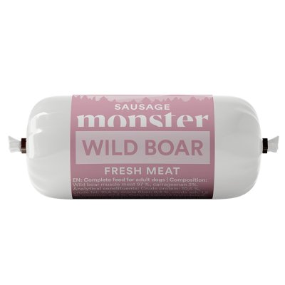 monster belöningsgodis blötfoder korv sausage wild boar vildsvin fresh meat blötmat helfoder spannmålsfri kladdfri slice & dice