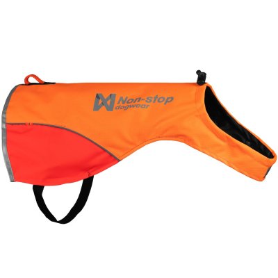 Zoom bild av hundväst jaktväst hund reflex orange gul nonstop