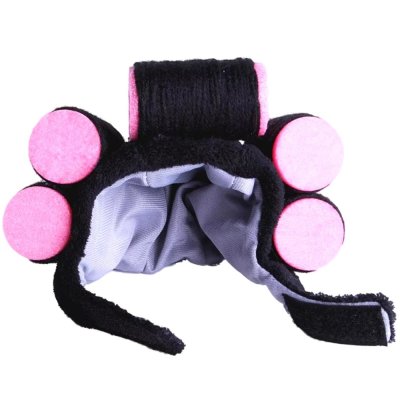 Zoom bild av maskerad halloween papiljotter papiljott utklädnad hund katt accessoar rolig svart rosa