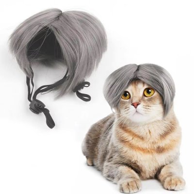 Zoom bild av kattperuk hundperuk peruk för husdjur tupé utklädnad halloween maskerad plysch grå katt hund accessoar rolig