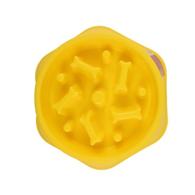 Zoom bild av Petcare Active Canis Dog bowl with slow feeder aktiveringsskål gul grön orange plast hundskål med mönster äta långsamt slowfeeds