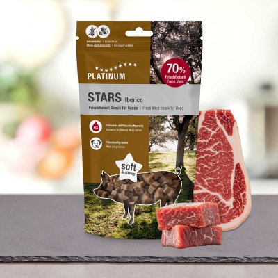 Zoom bild av platinum stars iberico iberiskt fläskkött hundgodis hundsnacks hög kötthalt fläsk gris stjärnor