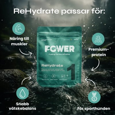 Zoom bild av Power ReHydrate 500 g svenska djurapotetket elektrolyter protein återhämtning tävlingshund insektsprotein proteinpulver vätskeer