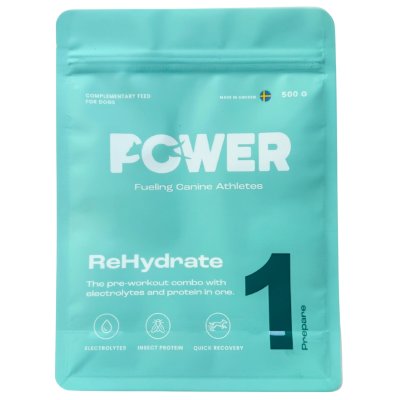 Zoom bild av Power ReHydrate 500 g svenska djurapotetket elektrolyter protein återhämtning tävlingshund insektsprotein proteinpulver vätskeer
