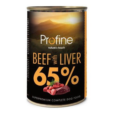 Zoom bild av Pro Fine 65% Beef & Beef Liver 400g nöt lever hundfoder helfoder burk spannmålsfritt snällt skonsamt känslig mage