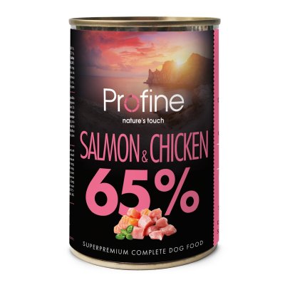 Zoom bild av Pro Fine 65% Salmon & Chicken 400g hundfoder våtfoder lax kyckling helfoder spannmålsfritt rent kött skonsamt känsliga magar oem