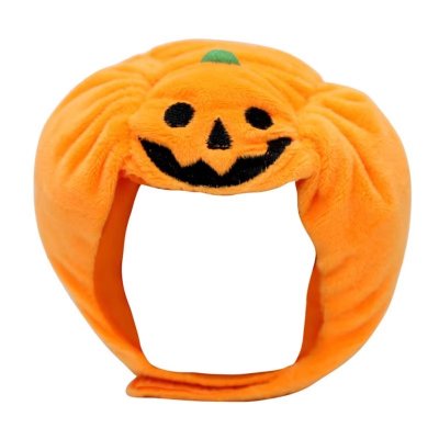 Zoom bild av pumpa halloween pumpahatt hundhatt katthatt partyhatt utklädnad maskerad rolig plysch orange kardborre
