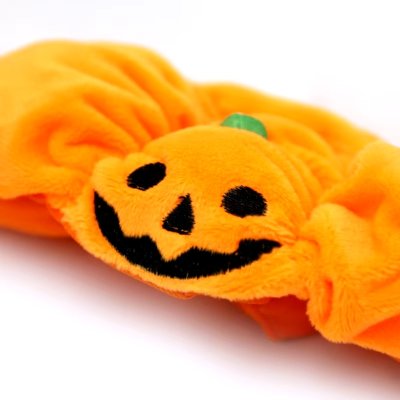 Zoom bild av pumpa halloween pumpahatt hundhatt katthatt partyhatt utklädnad maskerad rolig plysch orange kardborre