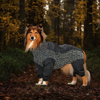 Zoom bild av rukka flash overall grey grå reflex hundoverall reflexoverall hundtäcke med ben reflextäcke vindskydd regnskydd hund