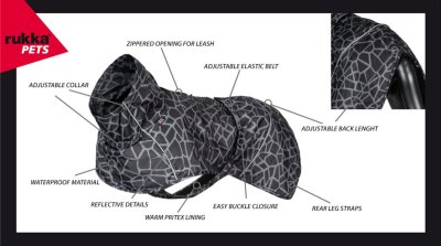 Zoom bild av hundtäcke regntäcke svart grå