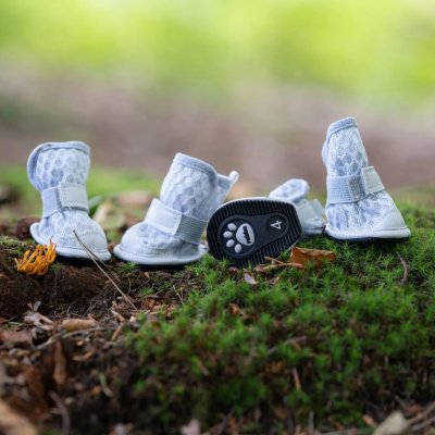 Zoom bild av hundskor sommarskor hund svalkande skyddande mot varm asfalt hårt grus tasskydd svala luftiga tasskor rukka grå kardborre