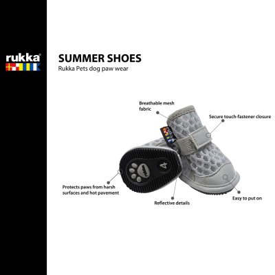 Zoom bild av hundskor sommarskor hund svalkande skyddande mot varm asfalt hårt grus tasskydd svala luftiga tasskor rukka grå kardborre