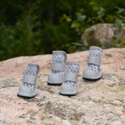 Zoom bild av hundskor sommarskor hund svalkande skyddande mot varm asfalt hårt grus tasskydd svala luftiga tasskor rukka grå kardborre