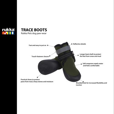 Zoom bild av rukka trace boots 2-pack dark green mörkgröna hundskor vinterskor hund fodrade sulor reflex syns bra i mörkret vinterhund