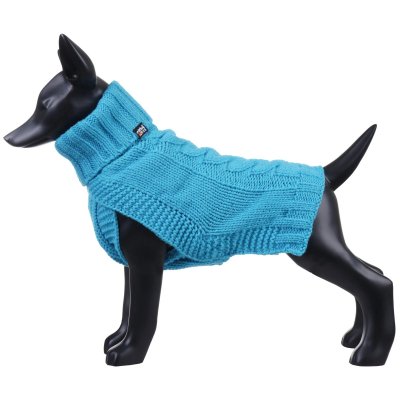 Zoom bild av rukka wooly knitwear turkos ljusblå aqua hundtröja stickad hemstickad stil flätstickad myströja varm ullblandning ulltröja