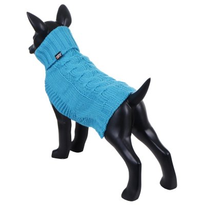 Zoom bild av rukka wooly knitwear turkos ljusblå aqua hundtröja stickad hemstickad stil flätstickad myströja varm ullblandning ulltröja