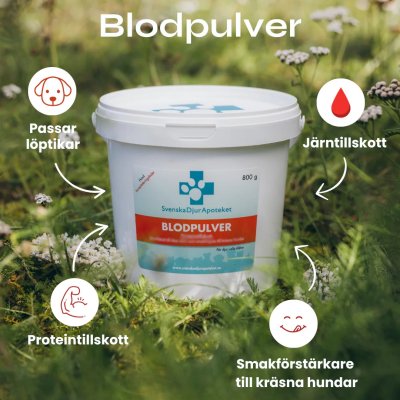Zoom bild av svenska djurapoteket blodpulver nöt 800g blodmjöl blod kosttillskott proteintillskott järn löptikar skendräktig dräktig digivnin