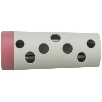 Zoom bild av kattleksak snacksgömma godisgömma aktivering aktiveringsleksak aktivitetsleksak rulle med hål plast rosa grå trixie katt