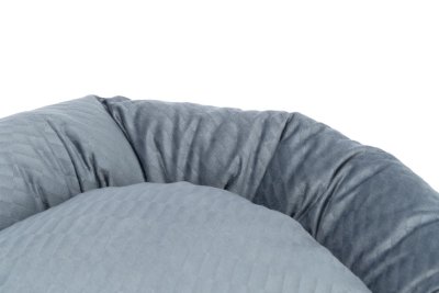 Zoom bild av hundbädd bädd sammet viloplats mysbädd trixie blå grå rund mysig
